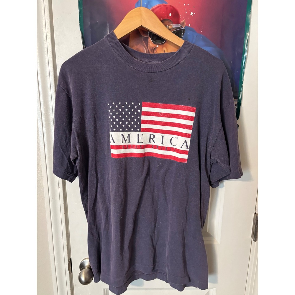 Vintage Tompkins Ave America Flag Graphic T-Shirt Navy Blue Mens Large L